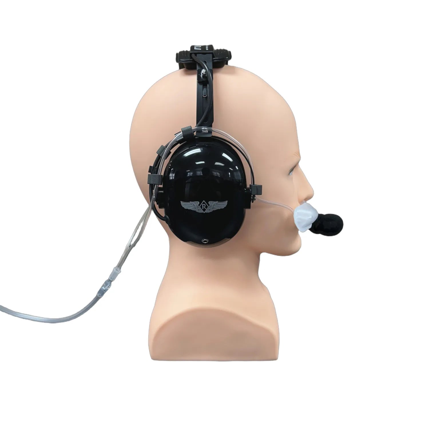 9.75mm frame pilot headset with oxygen retention clips and cannula side view