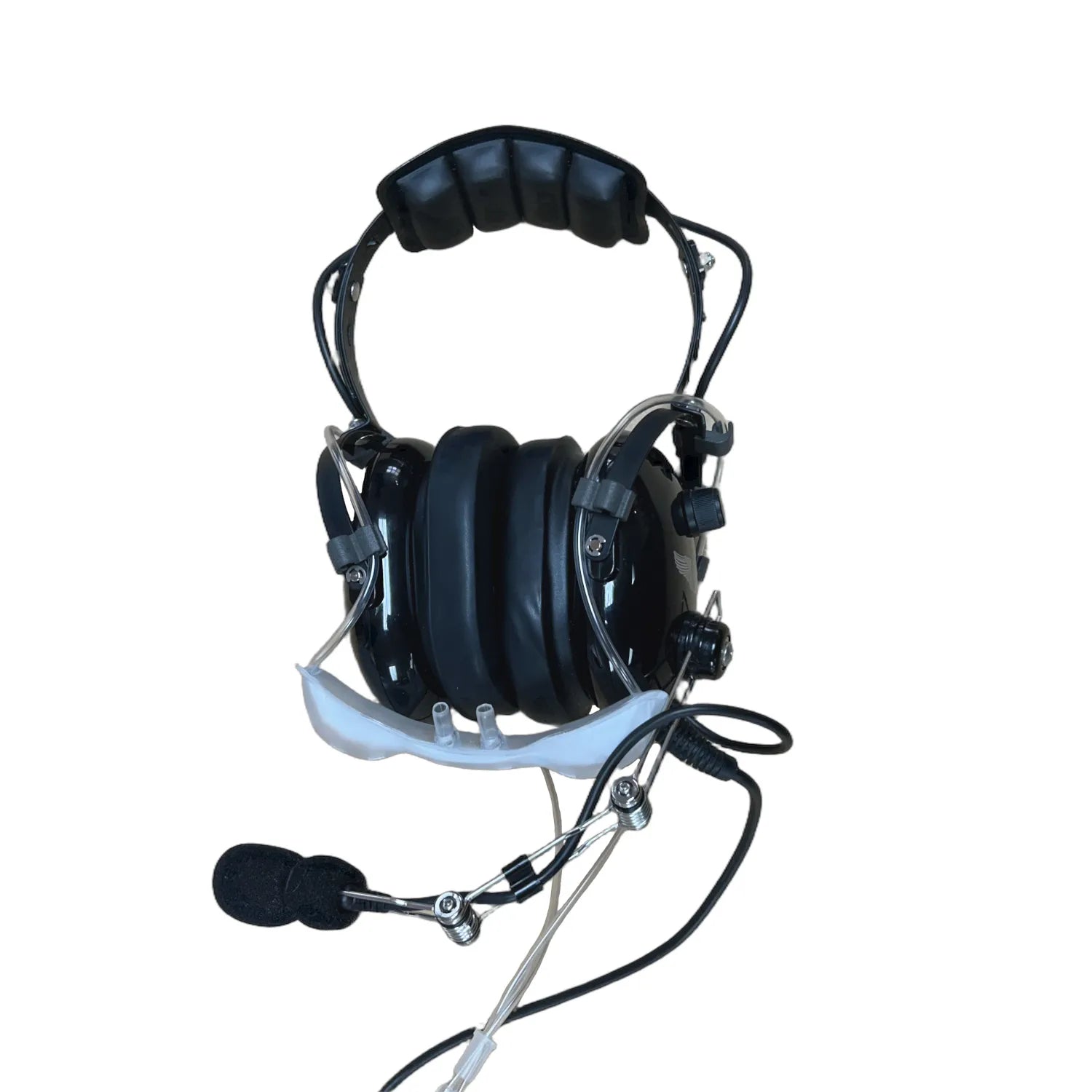 pilot headset against white background with oxygen clips and cannula
