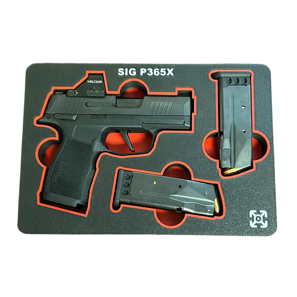 sig sauer p365x with two magazines in custom case insert inner piece
